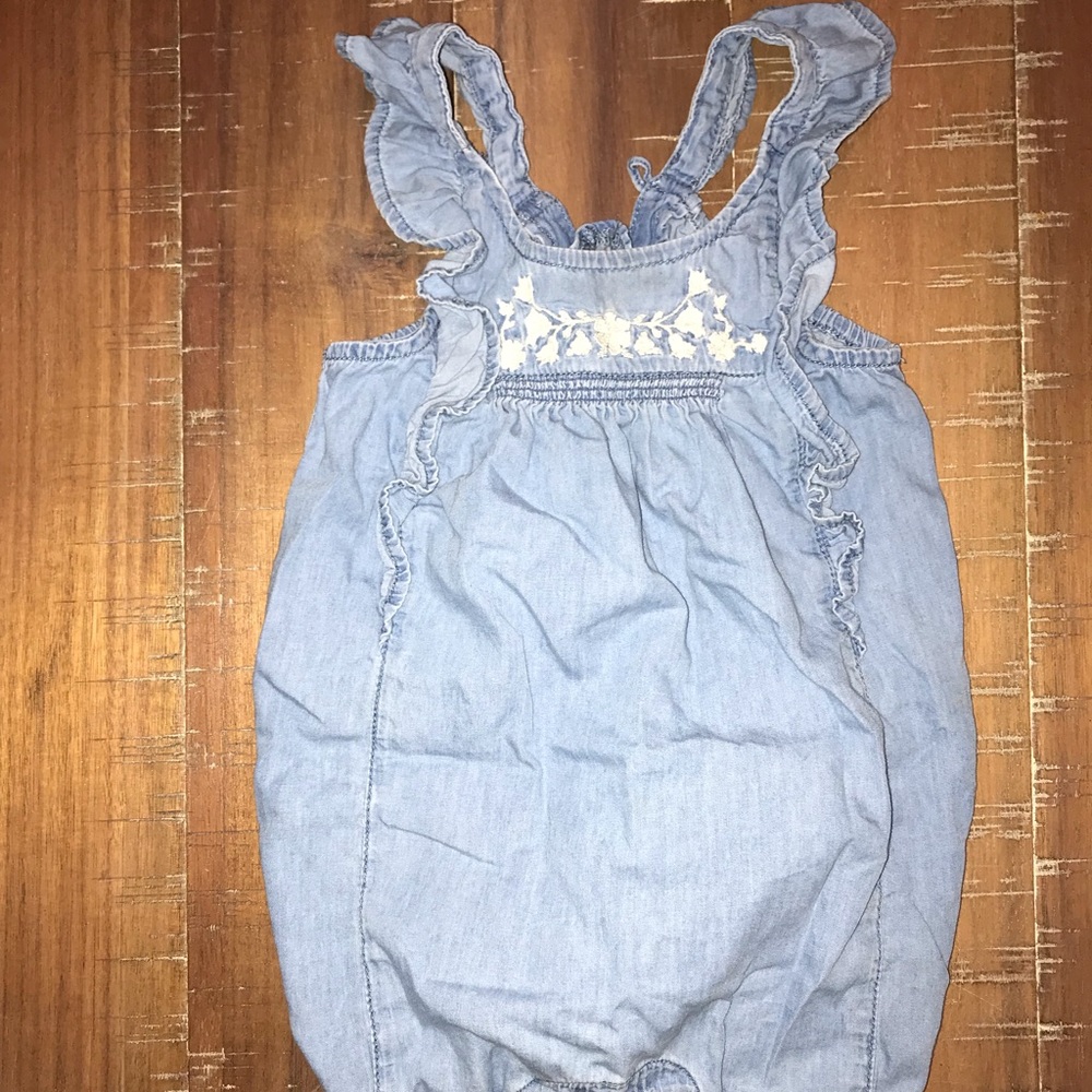 6-12 mo chambray romper with ivory embroidery